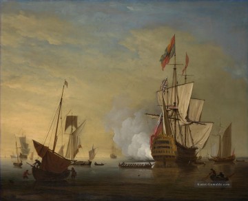 Peter Monamy attrib Hafenszene Ein englisches Schiff mit Segel gelockert Brennen einer Seeschlachten Pistole Ölgemälde